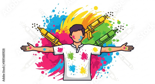 Man with arms outstretched covered in colorful paint splatters holding paint sprayers on vibrant background
