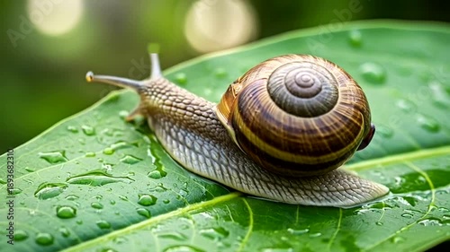 Snail Crawling on Wet Leaf in Garden After Rain.