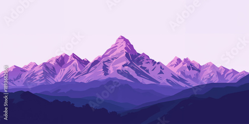 A breathtaking panoramic sunrise over the snow-covered alpine peaks of the Nepal Himalayas features a high mountain glacier under a cold winter sky during a majestic travel landscape