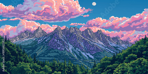 Panoramic summer view of a lush green forest valley and high alpine mountain peaks under a blue sky with white clouds