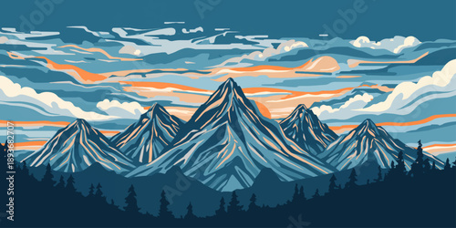 A serene Japanese winter mountain landscape features the snow-capped peak of Mount Fuji at sunrise with clouds and a frozen lake reflecting the forest scenery in a beautiful vector illustration