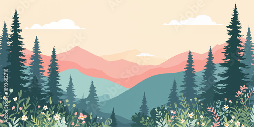 A serene winter landscape view of the snow covered Alps mountains and pine forest trees under a misty sunset sky with clouds