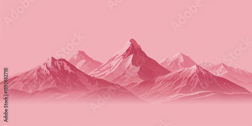 Vector illustration of a cold winter landscape featuring snow-capped mountain peaks and alpine glaciers under a cloudy sky in the high Swiss Alps