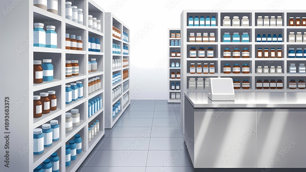 Obraz premium Pharmacy interior with organized shelves of medicine bottles and a sleek checkout counter, bright modern 3D render