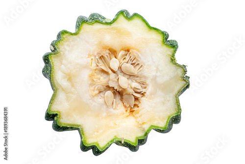 Cut the rotten pumpkin. A harvest with mold, a product spoiled by mold, a rotting pumpkin. Isolated on white
