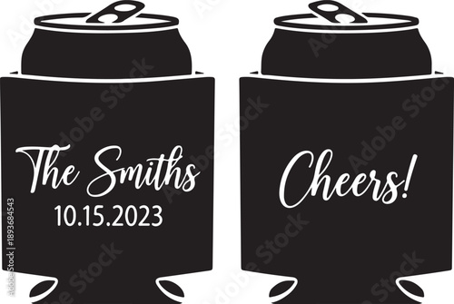 Personalized black can cooler with "the smiths" and "cheers!" for wedding favors