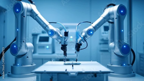 Two robotic arms working in a laboratory, advanced technology concept, manufacturing process, precision work.