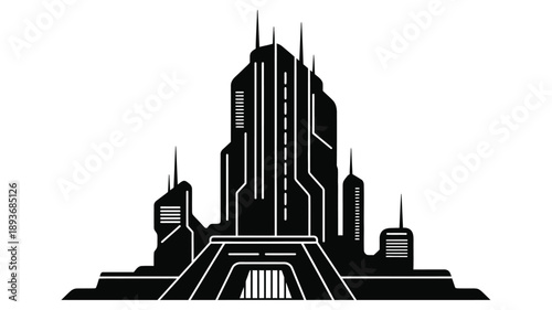 Dramatic art deco city skyline in bold black and white silhouette