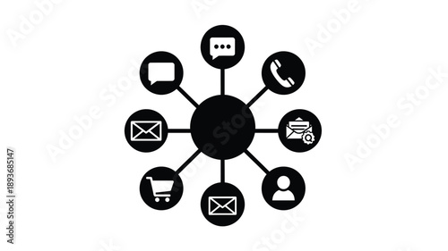 Communication network with icons for contact support and shopping silhouette