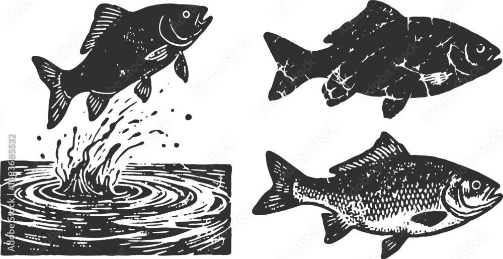 Fototapeta premium fish jumping and swimming hand drawn vintage aquatic wildlife illustrations set with ripples and splashes