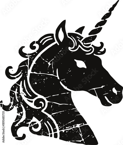 Black unicorn silhouette with twisted horn and flowing mane, vintage fantasy mythical creature design