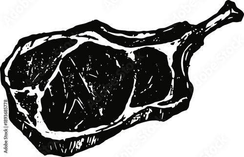Black and white illustration of raw tomahawk steak with bone and marbling texture, detailed meat sketch