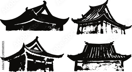 Set of four black ink asian temple roof silhouettes with curved corners and traditional architecture