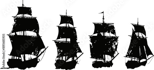 silhouettes of four vintage sailing ships with tall masts and billowing sails in black