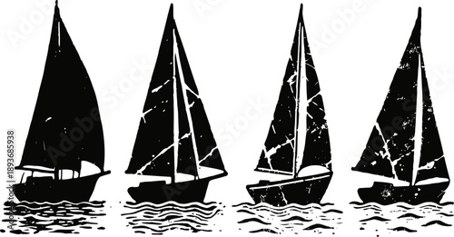 set of black sailboat silhouettes on water, vintage nautical design with textured distressed effect