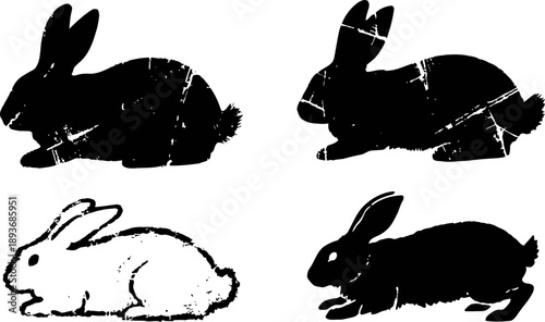 rabbit silhouettes set with distressed and grunge texture black and white bunny illustrations in various poses
