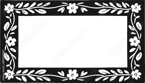 floral decorative rectangular frame in black and white with leaves and flowers border design