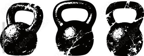 Three distressed black kettlebell silhouettes with varying handle shapes and chipped textures
