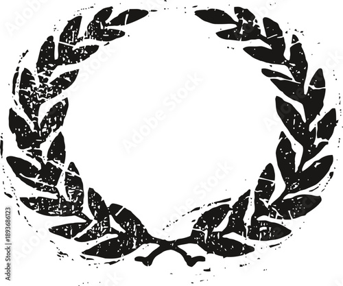 Distressed vintage laurel wreath grunge decorative circular foliage frame, symbol of victory and achievement