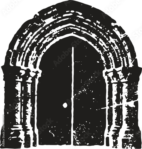 ancient arched wooden door with stone frame, rustic medieval entrance silhouette