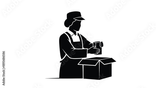A worker packing a box detailed depiction in black and white silhouette