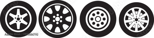 Variety of Wheel: A collection of stylized automotive wheel in black and white, capturing a blend of design and functionality, perfect for automotive and transportation themes.
