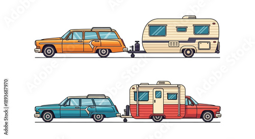Retro station wagons pulling vintage campers a charming pixel art illustration