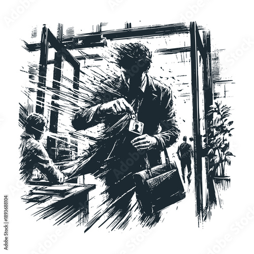 A male employee left the office and threw away his ID card.