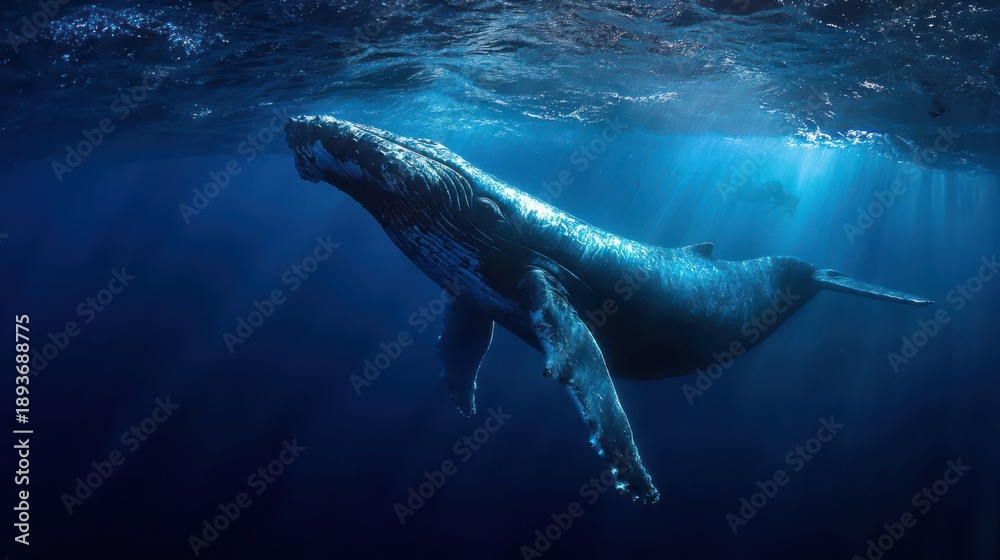 Obraz premium Majestic humpback whale gracefully gliding through deep ocean waters illuminated by gentle sunlight