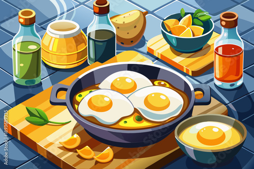 Delicious fried eggs with yellow yolks in non-flammable containers with frying oil, this is a real food and breakfast.