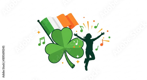 St patrick's day celebration with dancing silhouette clover and irish flag