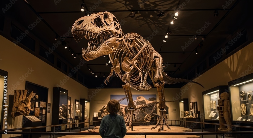 Fototapeta premium Child gazes in awe at a massive dinosaur skeleton displayed in a museum exhibit hall.