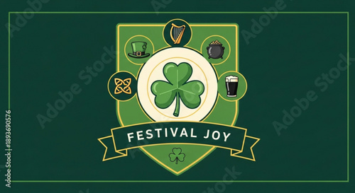 St patrick's day festival joy logo with shamrock beer and celtic knot on green background