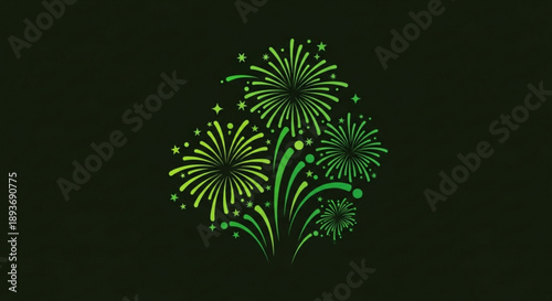 Vibrant green fireworks exploding in night sky with sparks and stars on dark background for celebration