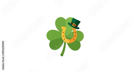 Lucky four leaf clover with gold horseshoe and green top hat for st patrick's day celebration