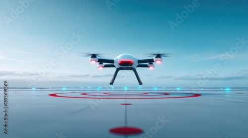Drone takes flight from futuristic helipad under a clear blue sky during the tranquil early evening hours