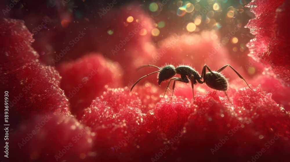 Fototapeta premium Small ant exploring vibrant pink textures in a captivating world of color and light