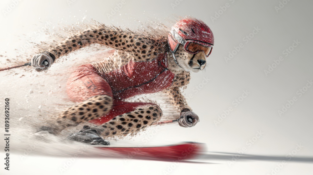 Obraz premium Fast and fearless cheetah skiing down a snowy slope wearing bright red gear