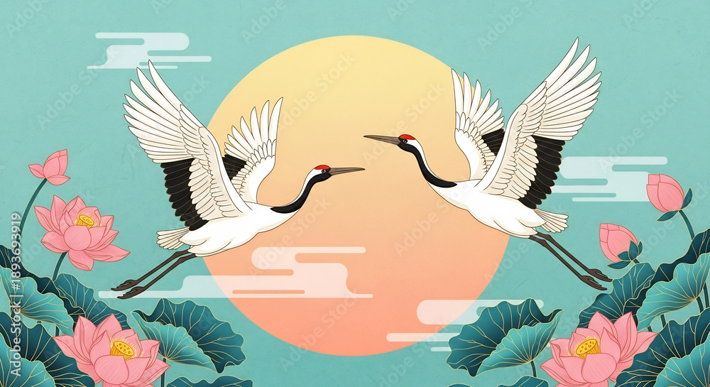 Fototapeta premium Two Cranes Gracefully Dance around a Peaceful Setting