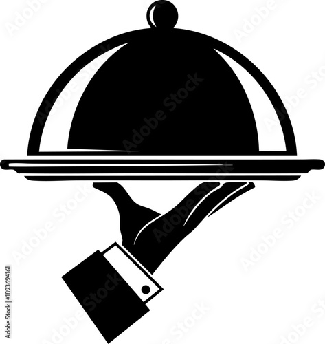 Serving tray icon with waiter hand symbolizing restaurant service, catering and hospitality