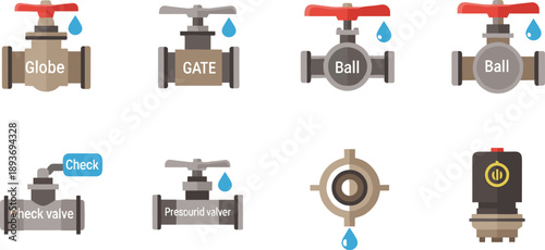 Collection of flat design icons representing various types of industrial and plumbing valves