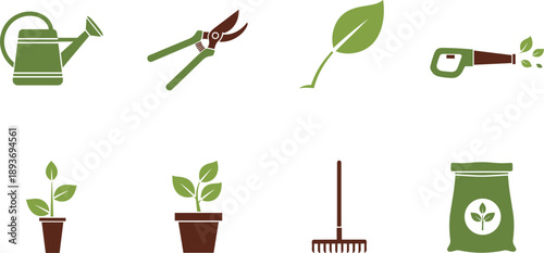 Collection of gardening tools and plants, vector icons for nature and growth themes