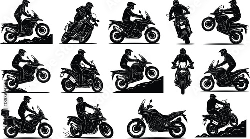 Adventure motorcyclist silhouette set showing dynamic riding poses, wheelies, jumps, and terrain action for extreme sports, travel, and motorcycle design.