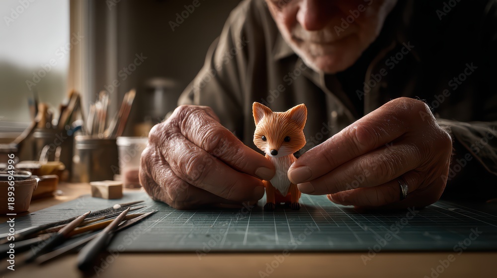Fototapeta premium Mature caucasian male crafting detailed miniature fox sculpture in workshop with tools and materials on table