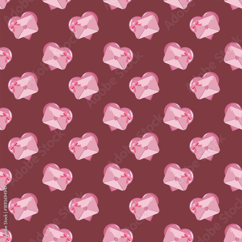 Seamless Valentine s Day pattern with pink heart envelopes pierced by arrows on maroon background