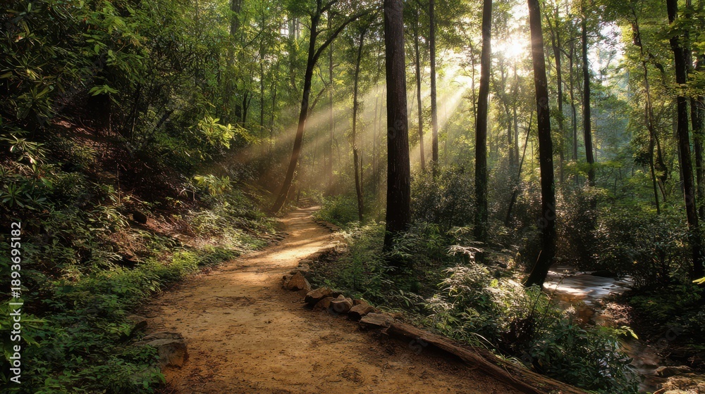 Obraz premium Sunlight filters through tall trees on a serene forest trail during early morning hours
