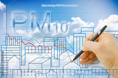 Foto Hand drawing a chart about particulate matter emission (PM10) in the air against