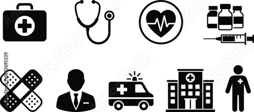 Black and white medical icons including first aid, stethoscope, ambulance, hospital, and healthcare professionals, ideal for health apps, websites, and education.
