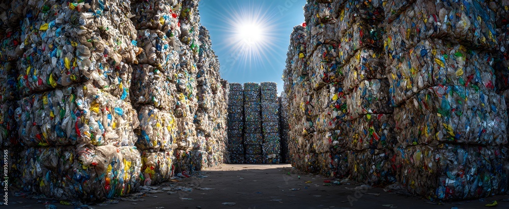 Fototapeta premium Baled colorful plastic waste glows under sunlight evoking hope and renewal at the facility