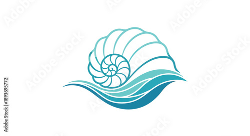 Stylized Nautilus Shell on Ocean Wave Logo Design.